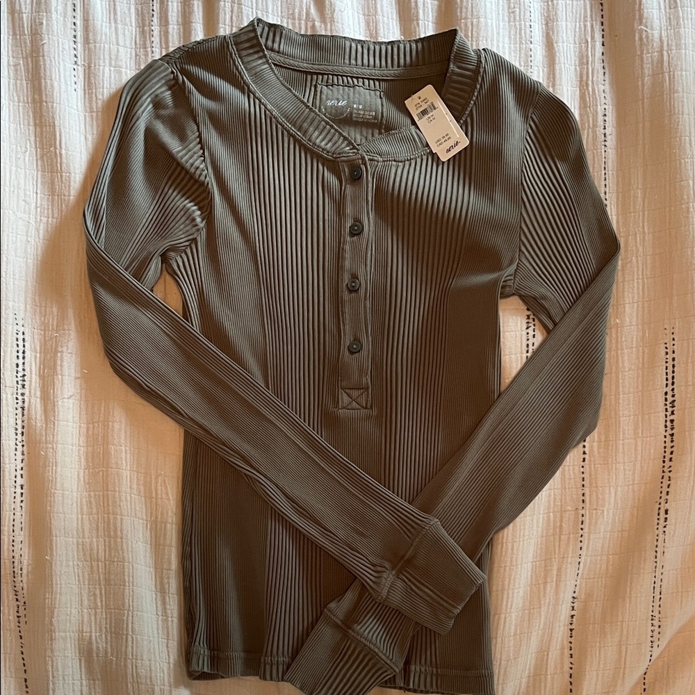 Aerie Ribbed Button Down Shirt - Olive